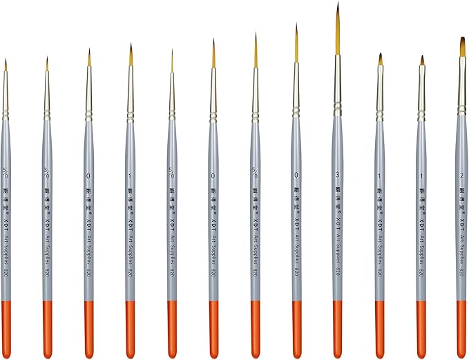 XDT#820 Detail Paint Brush 12 Piece Set for Acrylic Painting, Miniature Paint Brushes for Model Craft and Body Painting, Acrylic Oil Watercolor