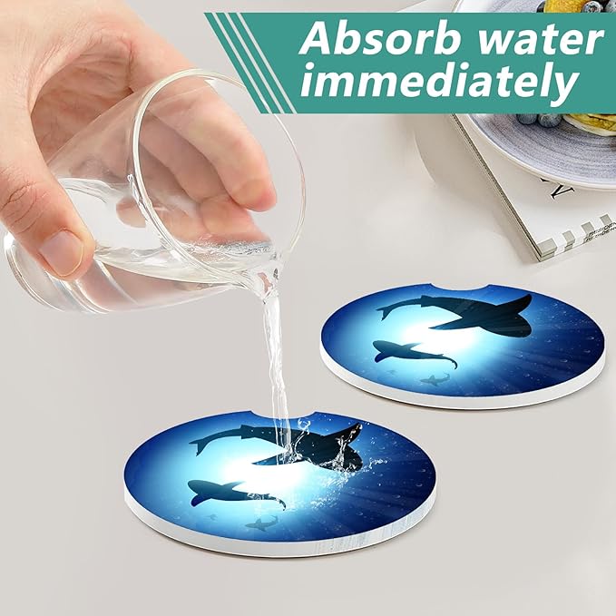 2 Pack Car Cup Holder Coasters - Blue Cute Shark Absorbent Ceramic Coaster, Car Coasters for Cup Holders, Car Interior Accessories for Women Men