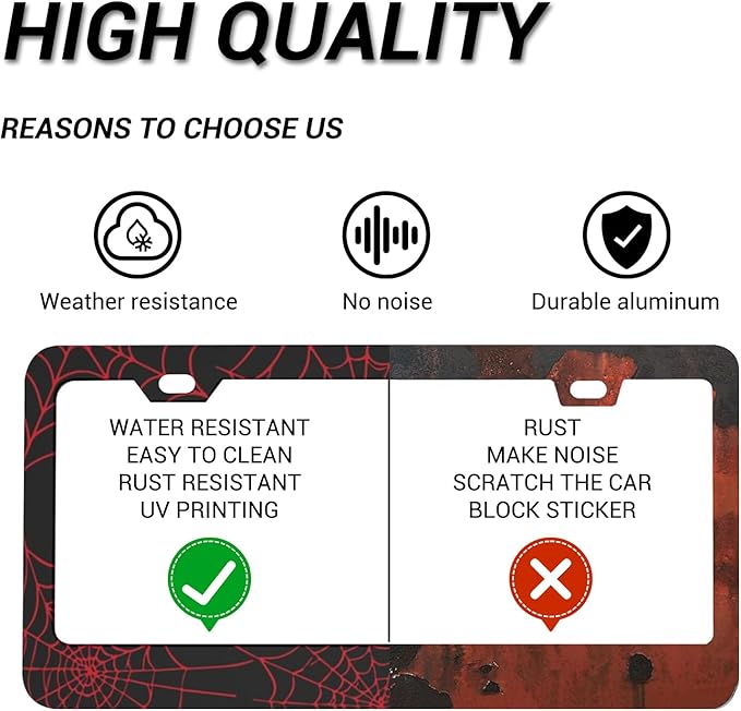 Red Spider Web License Plate Frame, Funny Cobweb Aluminum License Plate Holder, Halloween Black Car Tags with Screws 6 X 12 in