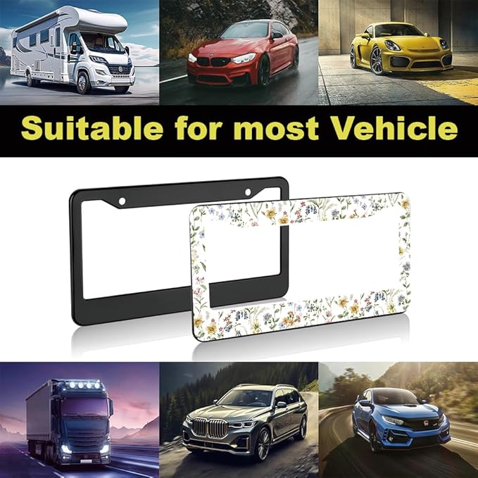 2pcs Wild Flowers Floral License Plate Frame for Women, White Flowers Floral car Decorative tag Frames Girly, Natural Life Theme License Plate Cover Holder for Vehicle with Double Sided Keychain tag