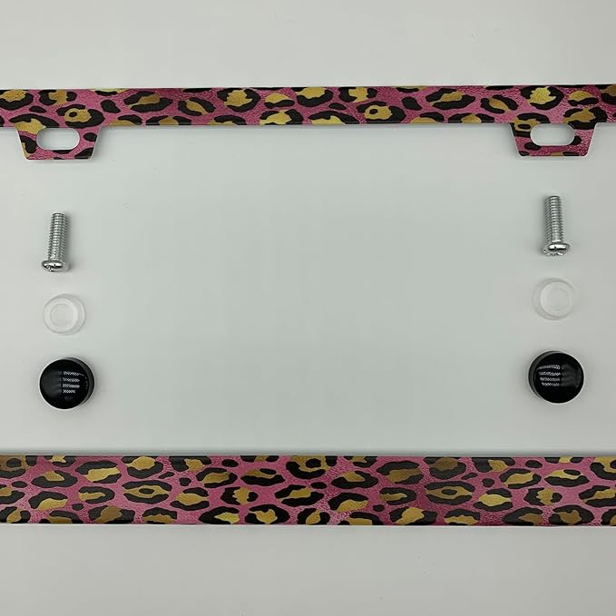Pink Gold Leopard Pattern License Plate Frame Cover, Matte White Powder Coated Stainless Steel, Animal Print Auto Car Tag Frame with 2 Holes & Free Screws