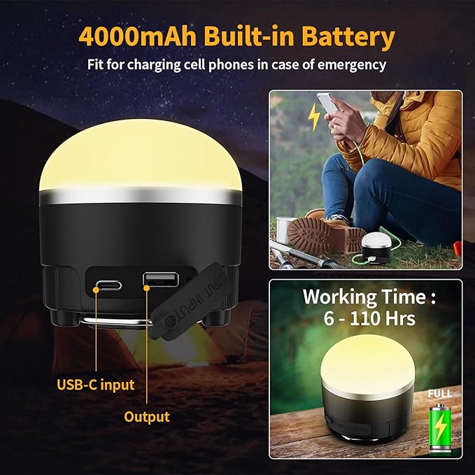 Rechargeable LED Camping Lantern 1000LM, Portable Tent Lights with 3 Colors, IP65 Waterproof, Magnetic Base, 4000mAH Emergency Hanging Light for Power Outages, Hiking, Tent, Outdoor, Home