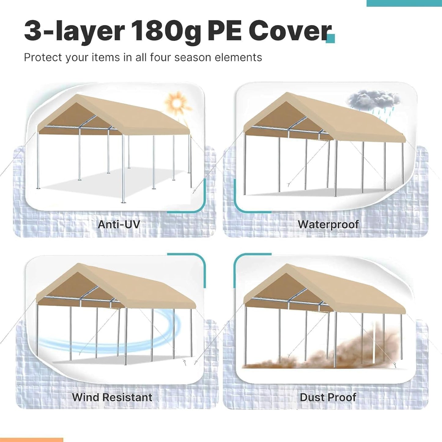 Carport Replacement Canopy Cover for Car Tent Top Garage Shelter Cover Tarp with Ball Bungees (Only Top Cover, Frame Not Include) (Ginger, 10’ x 20‘)