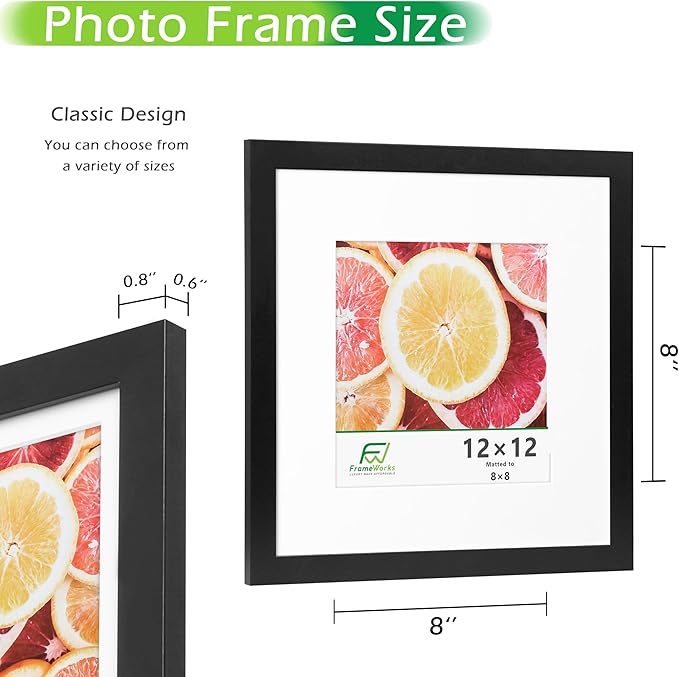 FrameWorks 2-Pack, 12x12 Matted to 8x8 Picture Frame, Black ??Classic Wooden Photo Frame with Tempered Glass, Modern Matte Finish for Prints, Posters, Certificates & Wall Decor ??Gallery-Ready