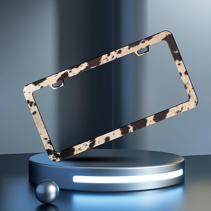 2 Pcs Brown Cow Print License Plate Frame Animal License Plate Frames Personalise Stainless Steel Funny Design Compatible with Standard License Plate Holder for USA Canada 6 X 12 Inch with Screws