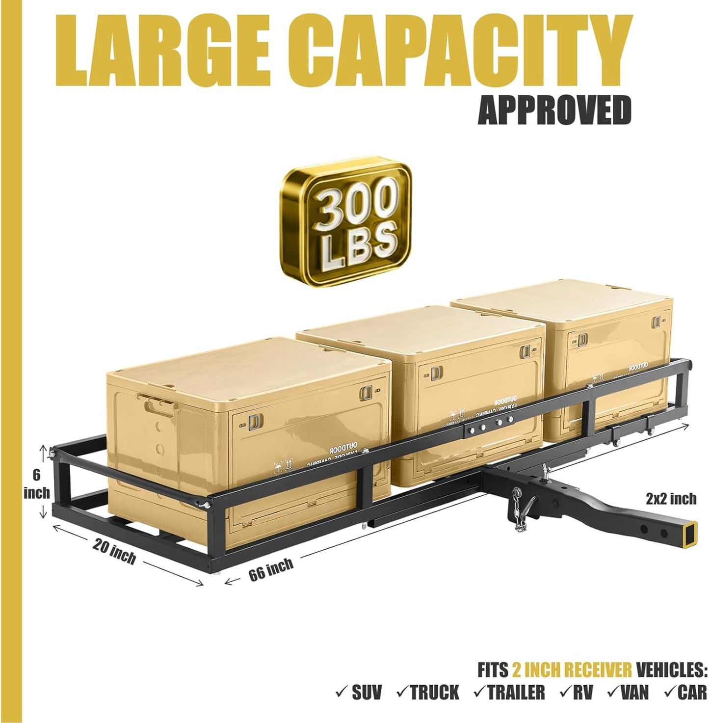 Hitch-Mount Bike Rack for Ebike Heavy-Duty - Comes with Cargo Carrier Fits 2 Electric Fat-Tire Mountain Bicycles Fits 2" Receiver for Car Trailer SUV Truck RV Minivan (Gold)