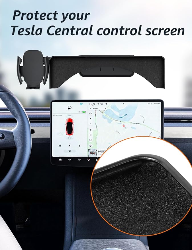 Tesla Phone Mount & Holder for Tesla Model Y (2019-2024) & Model 3 (2018-2023) - Premium Screen Dock Accessory with Dual-Side Clamp, ABS Base + Aircraft Aluminum Arm, Silent Anti-Slip Design