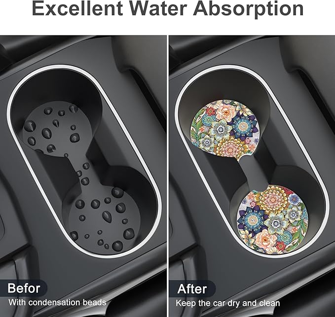 Car Cup Holder Coaster, Car Coasters for Cup Holders, 4 Pack Universal Anti Slip Insert Absorbent Ceramic Auto Interior Accessories with A Finger Notch & Cork Base, Mandala Flowers