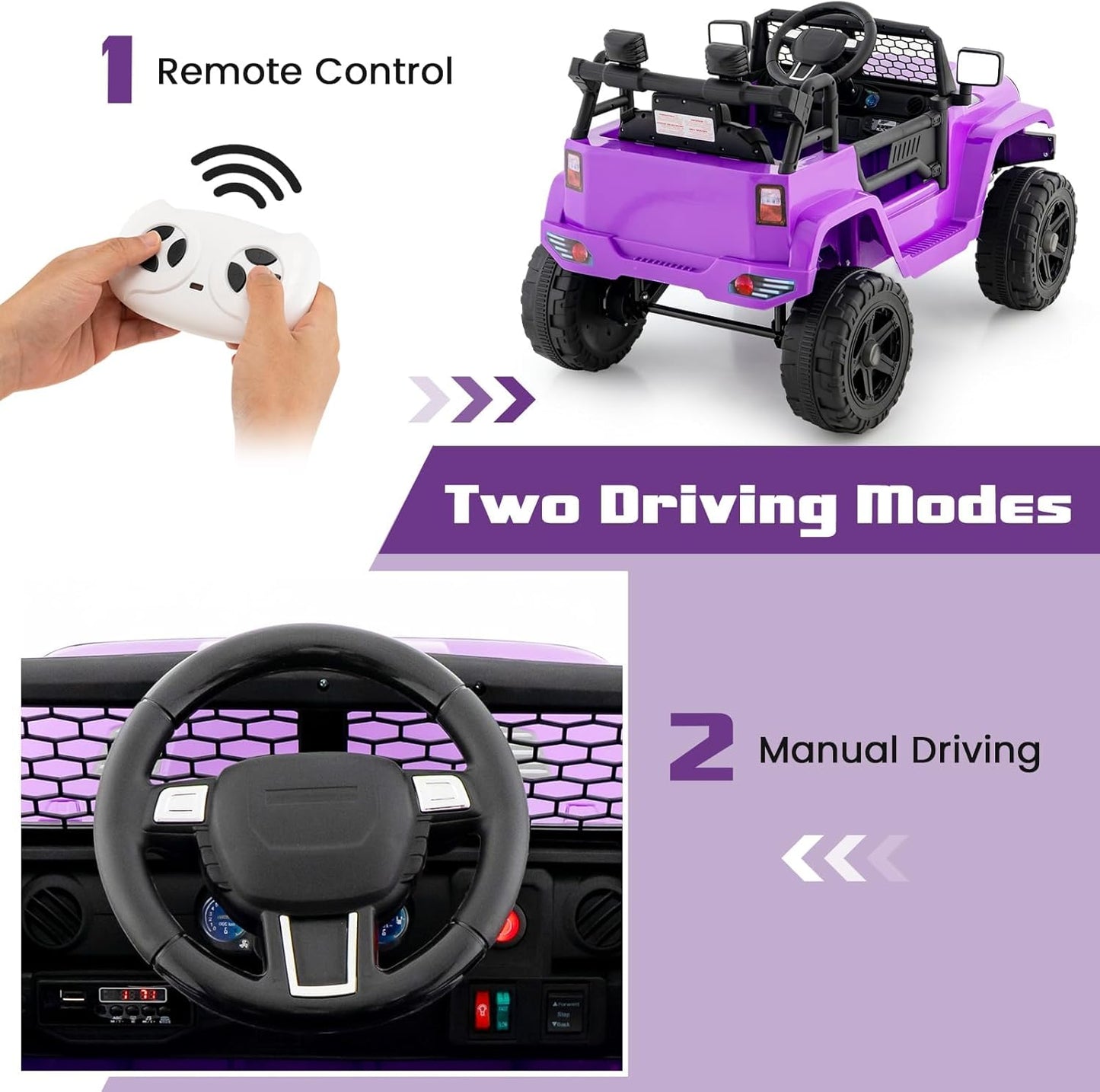 OLAKIDS Kids Ride On Truck, 12V Electric Vehicle Jeep Car with Remote Control, Toddlers Battery Powered Toy with 2 Speeds, Spring Suspension, Double Open Doors, LED Light, Music, TF, USB, Mp3 (Purple)