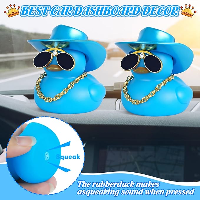 Laser Blue Cowboy Rubber Duck with Hat, Sunglasses & Necklace - DIY Car Dashboard Decor, Squeaky Sound, Premium Rubber, Adult Gift