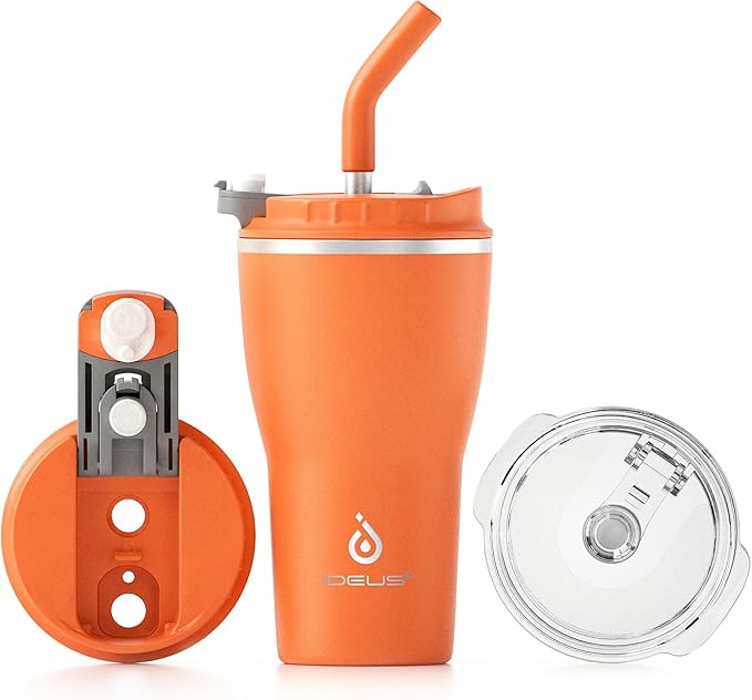 Ideus Insulated Tumbler With Lid and Straw 14 oz, Stainless Steel Double-Wall Vacuum Leak-Proof Travel Coffee Mug, Cup Holder Friendly, Orange Tiger