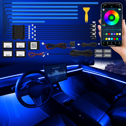 Acrylic Interior Car LED Strip Light with Wireless APP, RGB 18 in 1 with 175 inches 593 LEDs Fiber Optic Ambient Lighting Kits, 16 Million Colors Sound Active Function Car Neon Lights
