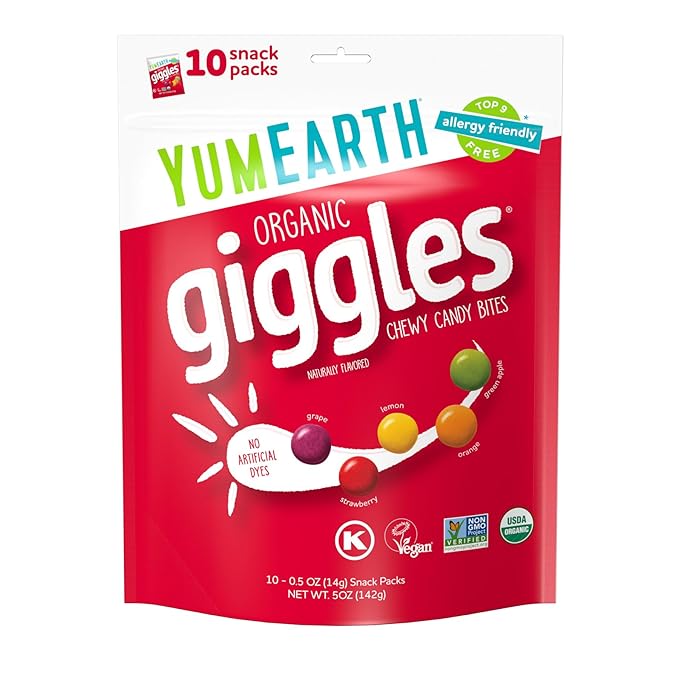 YumEarth Organic Giggles Chewy Candy – Allergy Friendly, No Artificial Dyes, Non GMO, Gluten Free, Fruit Flavored, Vegan Candy Snacks with No Artificial Flavors, 0.5 oz (Pack of 120)