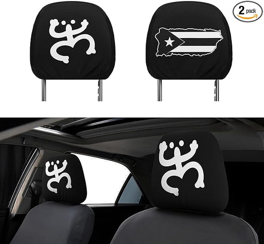Puerto Rico Car Headrest Covers 2 Pack – Double-Sided Taino Frog & Puerto Rican Flag Map Design – Universal Fit Stretch Seat Headrest Protector for Cars, SUVs & Trucks
