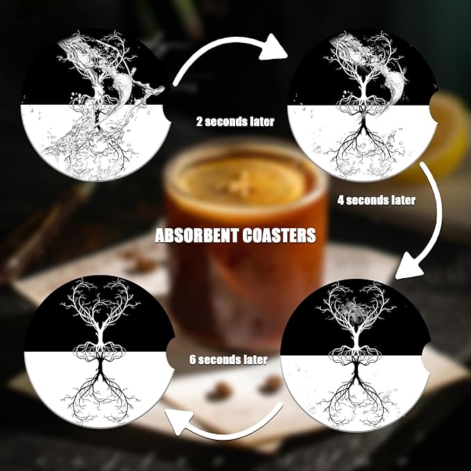Car Cup Holder Coaster - Yin Yang Tree of Life Absorbent Ceramic Coaster 2 Pack, Car Coasters for Cup Holders, Fashion Car Interior Accessories Drink Coaster for Women & Men
