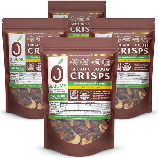 USDA Organic California Grown Pure Jujube Product | JUJUME Crisps | Sweet Jujube Chips | ZERO Added Sugar or Preservatives | All-Natural Healthy Snack | 4-pack 6 oz bags