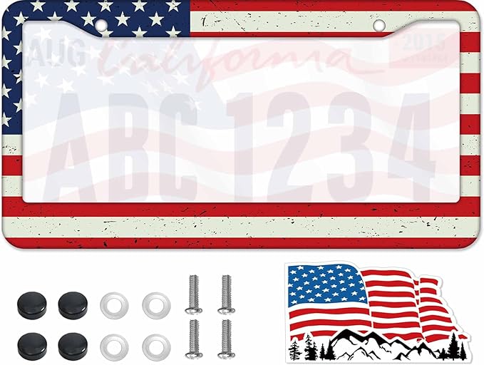 1PCS American Flag License Plate Frame Holder - USA Stars and Stripes Auto Universal Aluminum Matte Car Tag Holder Covers with Sticker & Screws for Men