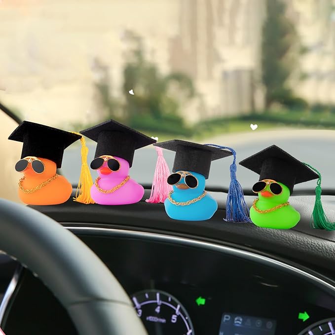 wonuu Car Dashboard Decor Graduation Hat Color Rubber Duck, Car Ducks Ornaments with Mini Graduation Hat Necklace Sunglasses (Purple)