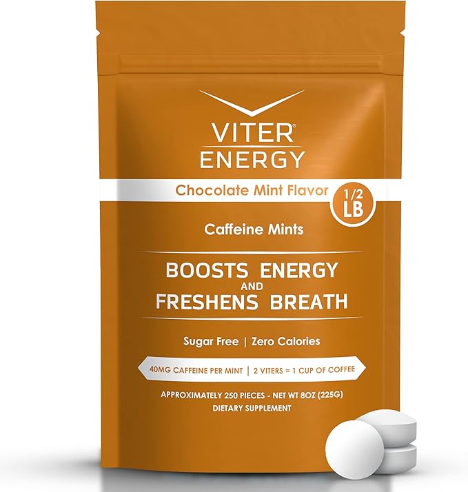 Viter Energy 40mg Caffeine Mints - Sugar Free, B Vitamins, Vegan, Boosts Fast Energized Alert Focus, Caffeinated Nootropic Supplement Pills (Chocolate Mint Flavor, 8oz, Bulk Bag)