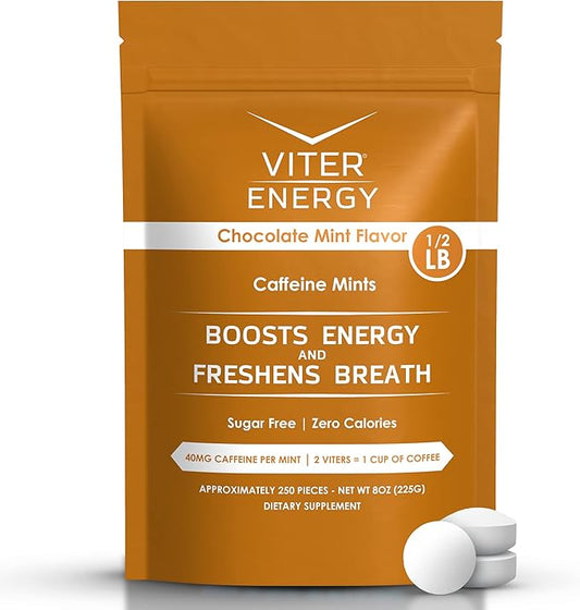 Viter Energy 40mg Caffeine Mints - Sugar Free, B Vitamins, Vegan, Boosts Fast Energized Alert Focus, Caffeinated Nootropic Supplement Pills (Chocolate Mint Flavor, 8oz, Bulk Bag)