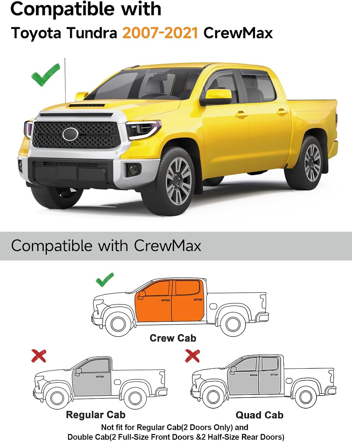 in-Channel Window Rain Guards Fit for 2007-2021 Toyota Tundra CrewMax Truck Extra Durable Window Deflectors Vent Visors Shades Car Accessories Visors Rain Guards -4 pcs