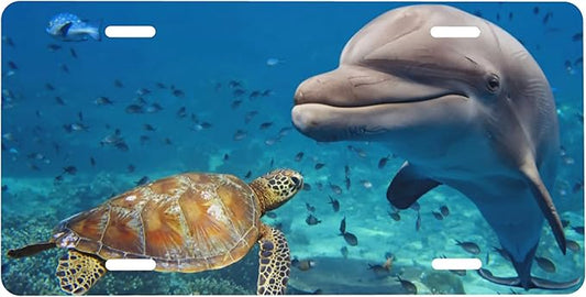 Front License Plate Sea Turtles Beluga Vanity Plates Aluminum Metal Decorative Car Tag Dolphin Novelty License Plate Cover for Men Women ‎6 * 12 in (4 Holes)