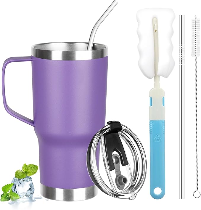 20 oz Tumbler with Handle, Stainless Steel Insulated Tumbler with Lid and Straw, Double Wall Vacuum Insulated Coffee Mug Tumbler, Insulated Coffee Thermal Cup for Cold and Hot（Purple）