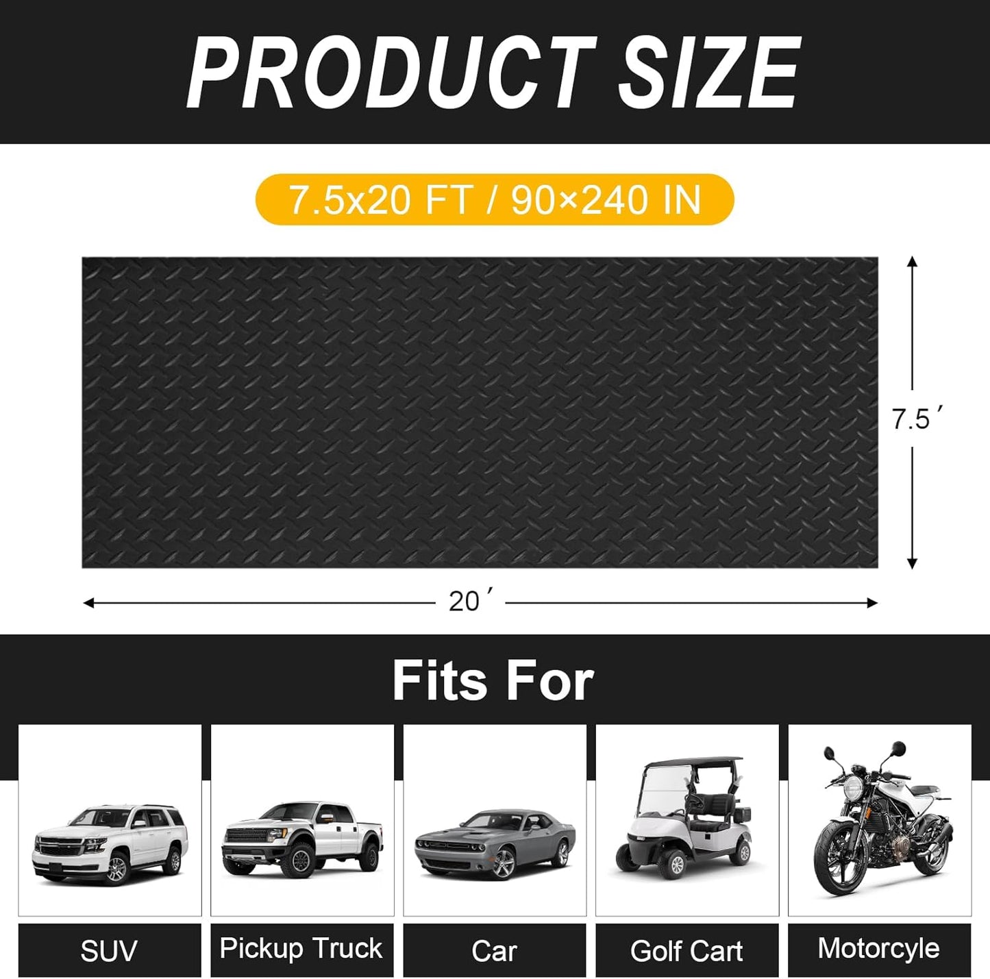 7.5x20 FT Garage Floor Mat, 2.8mm Thickened Flooring Roll with 20Pcs Tapes, Diamond Plate PVC Rubber Trailer Mat, Non-Slip Floor Protector Mat for Garage, Warehouse, Gyms, Trailer(Matte Black)
