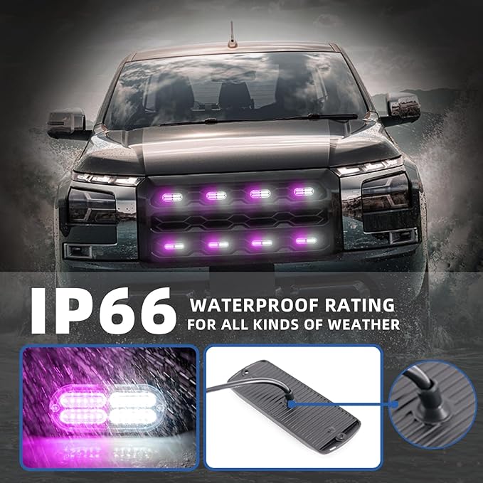 8pcs Sync Feature Emergency Strobe Grille Lights LED Ultra Slim Surface Mount Flashing Hazard Warning Light Bar with Controller for Firefighter/Construction/Trucks/Vehicles/Car(Purple/White)