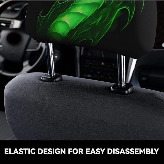 Dujiea 2 Pack Dragon Green Fire Car Headrest Covers, Universal Soft Car Seat Head Rest Protector, Vehicle Accessories Fabric Headrest Cover for Cars Vans Trucks