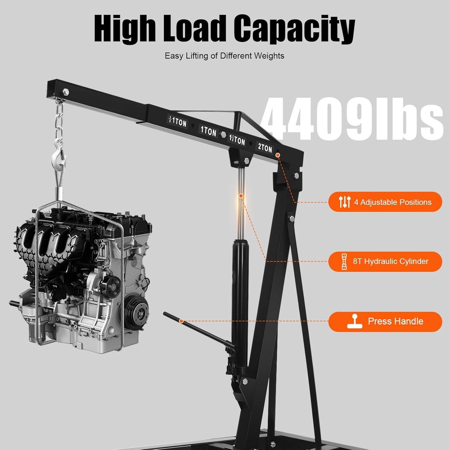 6.89Ft Folding Engine Lift 2 Ton Folding Cherry Picker Shop Crane Hoist Lift Engine Hoist with 6 Wheels Engine Crane Folding Engine Hoist for Car Fixing Workshops Garages (Black)