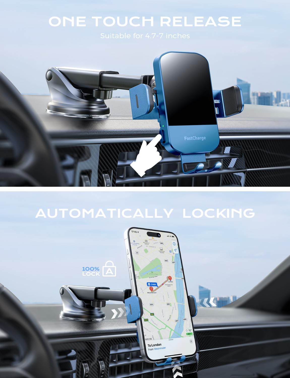 CHGeek Wireless Car Charger, 15W Fast Charging Auto Clamping Car Charger Phone Mount Phone Holder fit for iPhone 15 14 13 12 11 Pro Max Xs, Samsung Galaxy S25 Ultra S24 S23 S22, S21, S20, Blue
