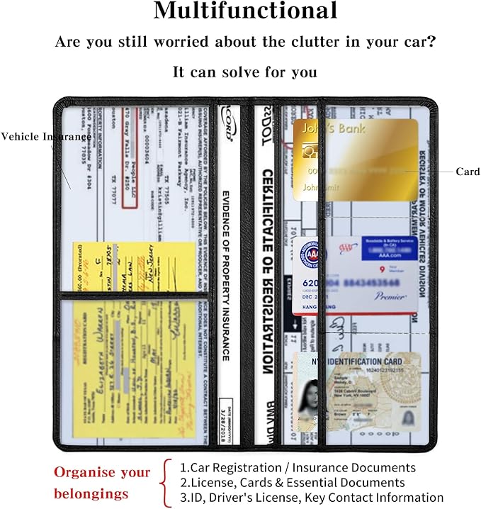Leather Car Registration and Insurance Card Holder, Car Document Holder for Cards License with Magnetic Shut (Black, large)