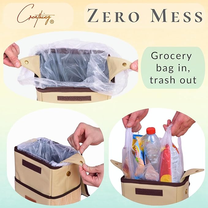 Creathing Car Trash Can | Touring Edition | Detachable Leak-Proof Liner & Odor-Sealing Lid - Universal Hanging Garbage Bin for Cars, SUVs, Trucks (2 Gal, Beige)