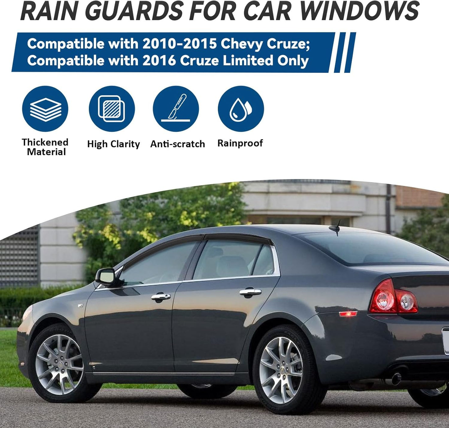 4pcs Front+Rear Smoke Tint Sun/Rain Guard Outside Mount Tape-On Vent Window Visors Compatible with 10-15 Cruze 16 Cruze Limited