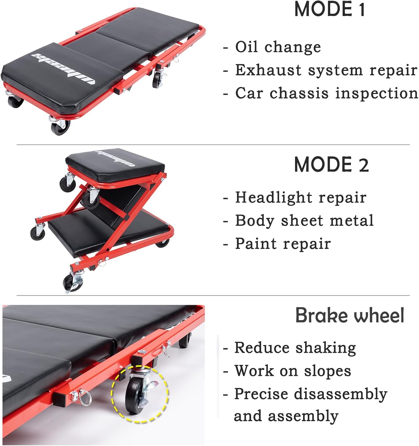 Mechanic Creeper 36 Inches 2-in-1 Z Seat with Brake, 340 lbs Capacity, Foldable Garage Chair Adjustable Rolling Folding with 6 pcs Wheels Roller, Lay Down or Sit Under Car Auto Repair Red Black