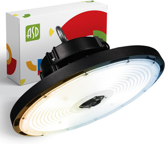 ASD LED High Bay UFO Light Fixture, Commercial Shop Lighting | 3CCT, Dimmable, IP69K Waterproof, DLC Premium, UL Listed | 500W 69700LM 3000-5000K 100-277V | Warehouse, Garage, Workshop Lamp | Black