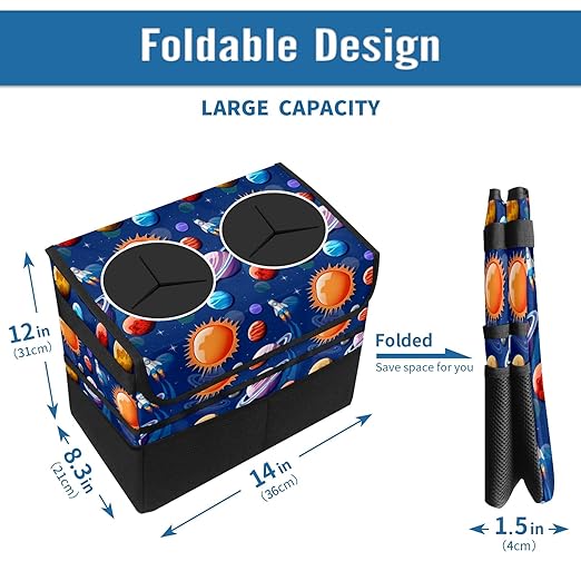 Car Trash Can Navy Blue Space Planets Art Large Storage Garbage Can with Lid Hanging for Back Seat Leakproof Automotive Vehicle Trash Bin