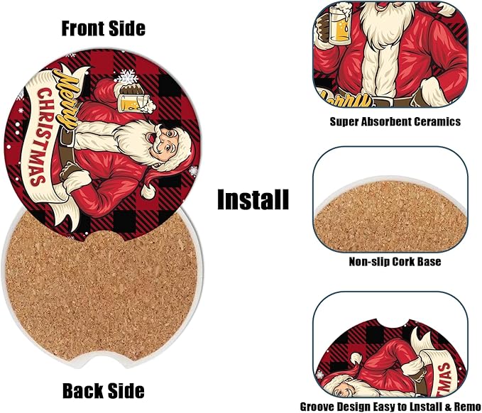 Car Cup Holder Coaster - Christmas Santa Absorbent Ceramic Coaster, Car Coasters for Cup Holders, Auto Accessories for Women & Men, Pack of 2
