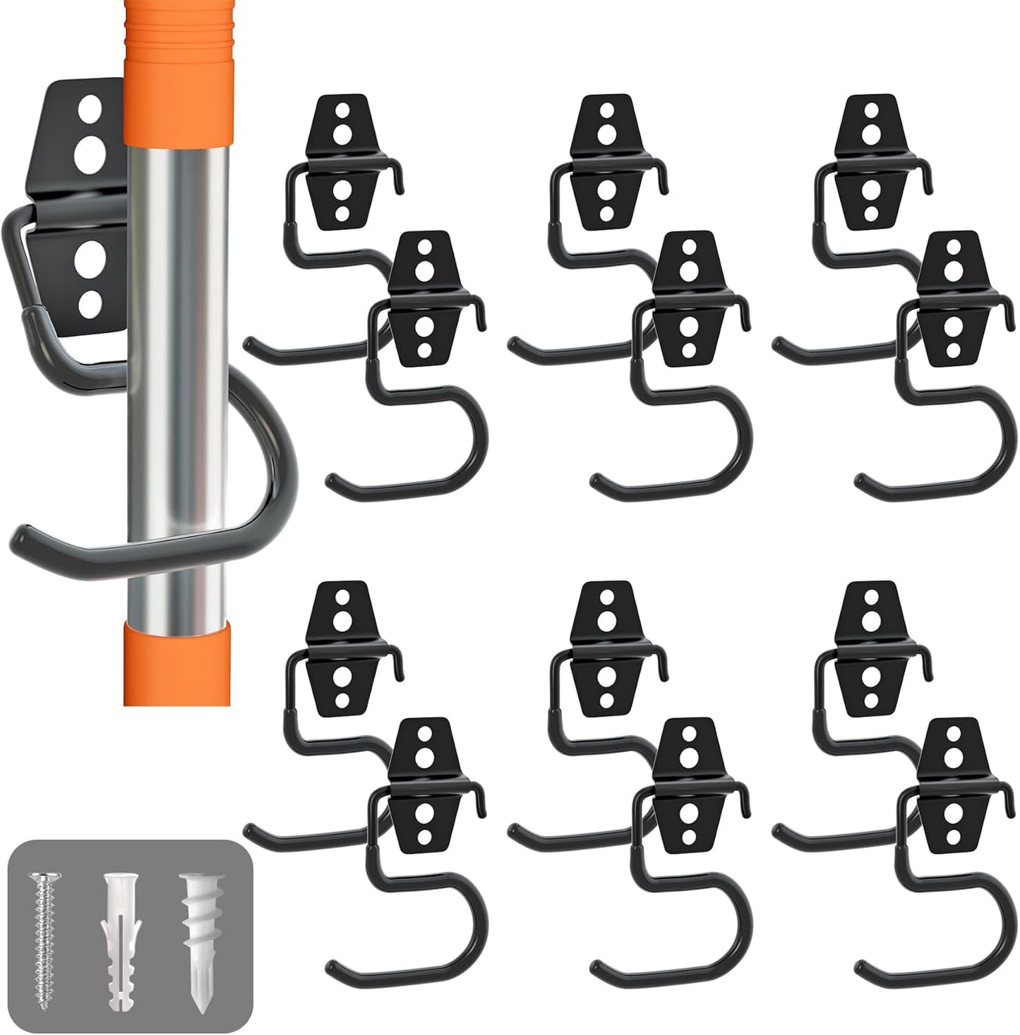 LIGHT DUST Broom Holder Wall Mount - 12 Pack Tool Hangers Garage Wall Hanging Organizer - Heavy Duty Metal Large S Hooks for Mop Shovel Rake Shed Garden Lawn Yard Handle Tools Organization (Black)