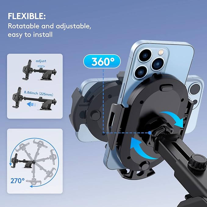 Car Phone Holder Mount, [Strong Suction Cup] [Military Grade Durable] for Windshield and Dashboard, Adjustable Long Arm Compatible with iPhone 16 15 14 Pro Max and All Smartphones,Black