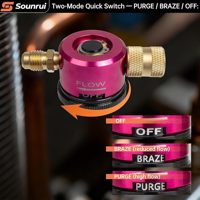 Nitrogen Purge Tool with PURGE/BRAZE/OFF Switch — Brazing Purge Adapter with 1/4" SAE Quick Outlet — HVAC Copper-Pipe Brazing & Welding Purge Switch