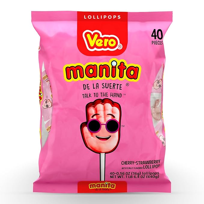 Vero Manita Paletas Strawberry & Cherry Flavored Lollipop (40 Count Bag) - Individually Wrapped Lollipops - Mexican Candy - Paletas Mexicanas Sabor Fresa