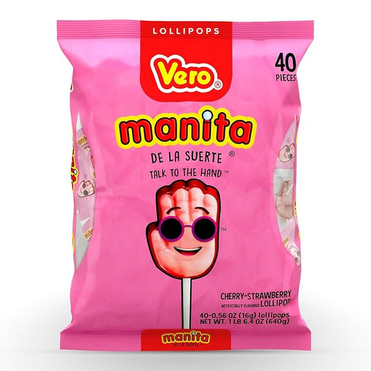 Vero Manita Paletas Strawberry & Cherry Flavored Lollipop (40 Count Bag) - Individually Wrapped Lollipops - Mexican Candy - Paletas Mexicanas Sabor Fresa