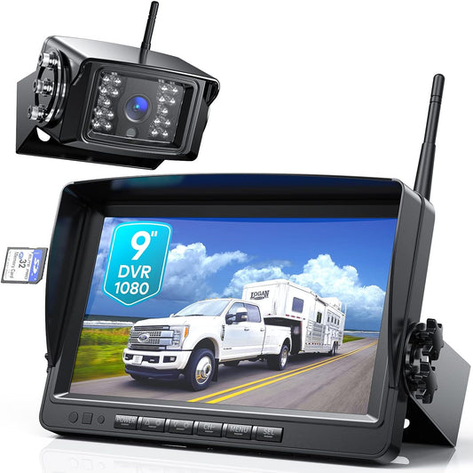 Fookoo HD 1080P 9" Wireless Backup Camera System, 9-inch Dual/Quad Split Monitor w/Recording, Supports 4 Cameras, IP69 Waterproof Rear View Cam Parking Lines 32GB SD Card for RV/Trailer/Truck(DW901)