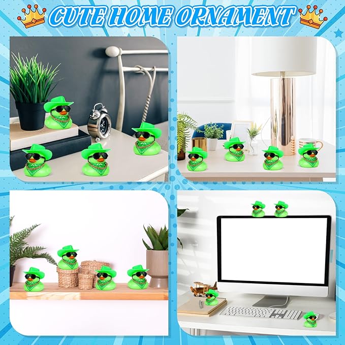 BOZILY Green Cowboy Hat Rubber Duck Car Dashboard Decoration - Squeaky Silicone Duck with Glasses, Gold Chain & Scarf for Stress Relief Fun Driving Ornament