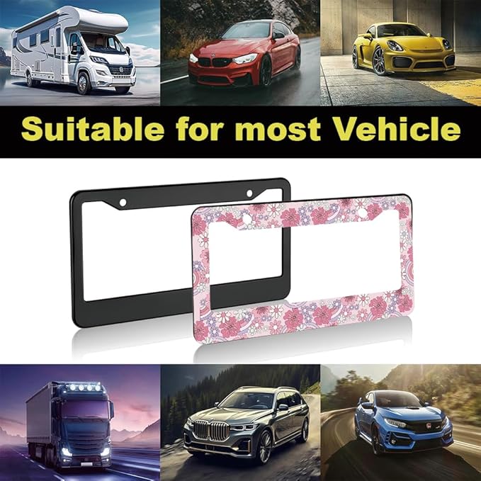 2pcs Hibiscus Rainbow Floral Flower License Plate Frame for Women,Inspirational Pink Florals car Decorative tag Frames Girly,hot Pink Hibiscus Floral Flower License Plate Cover Holder for Vehicle