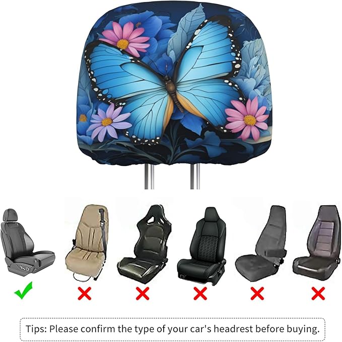 Dujiea 2 Pack Butterfly Flower Car Headrest Covers, Universal Soft Car Seat Head Rest Protector, Vehicle Accessories Fabric Headrest Cover for Cars Vans Trucks