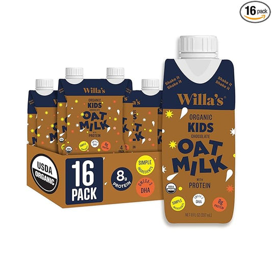 Willa's Organic Kid's Chocolate Oat Milk with 8g Protein & 240g Calcium, Plant-Based Milk for Kids, Dairy-Free, Low Sugar, 2g Fiber– 8.25 oz, 16 Pack