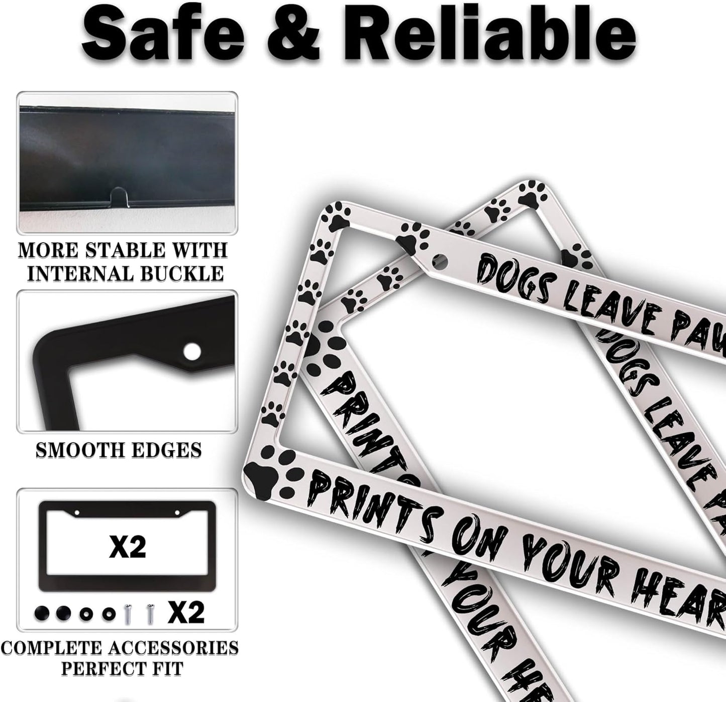 License Plate Cover Black and White License Plate Frames Dogs Leave Paw Prints on Your Heart Universal Aluminum Car Accessory 2 Pack with Screw Covers Set